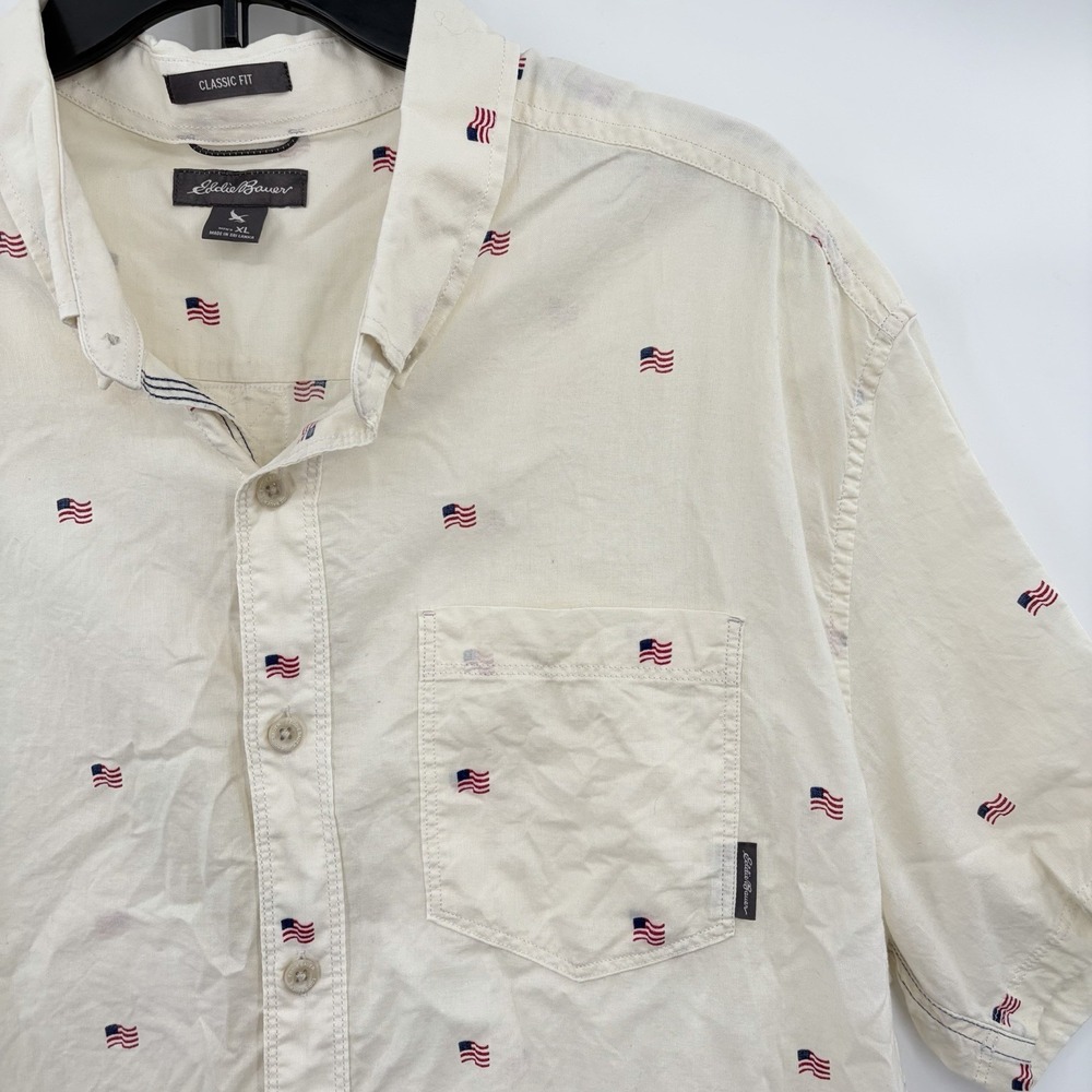 Eddie Bauer Men Classic Fit Short Sleeve Button Down USA Flag Print Sz XL Cotton